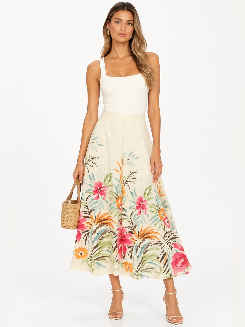 Talbots Petites Silk Linen Tropical Floral A Line Midi Skirt Size 2 petite
